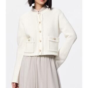 GU (Uniqlo) Fringe Double Pocket Knitted Jacket in Off White